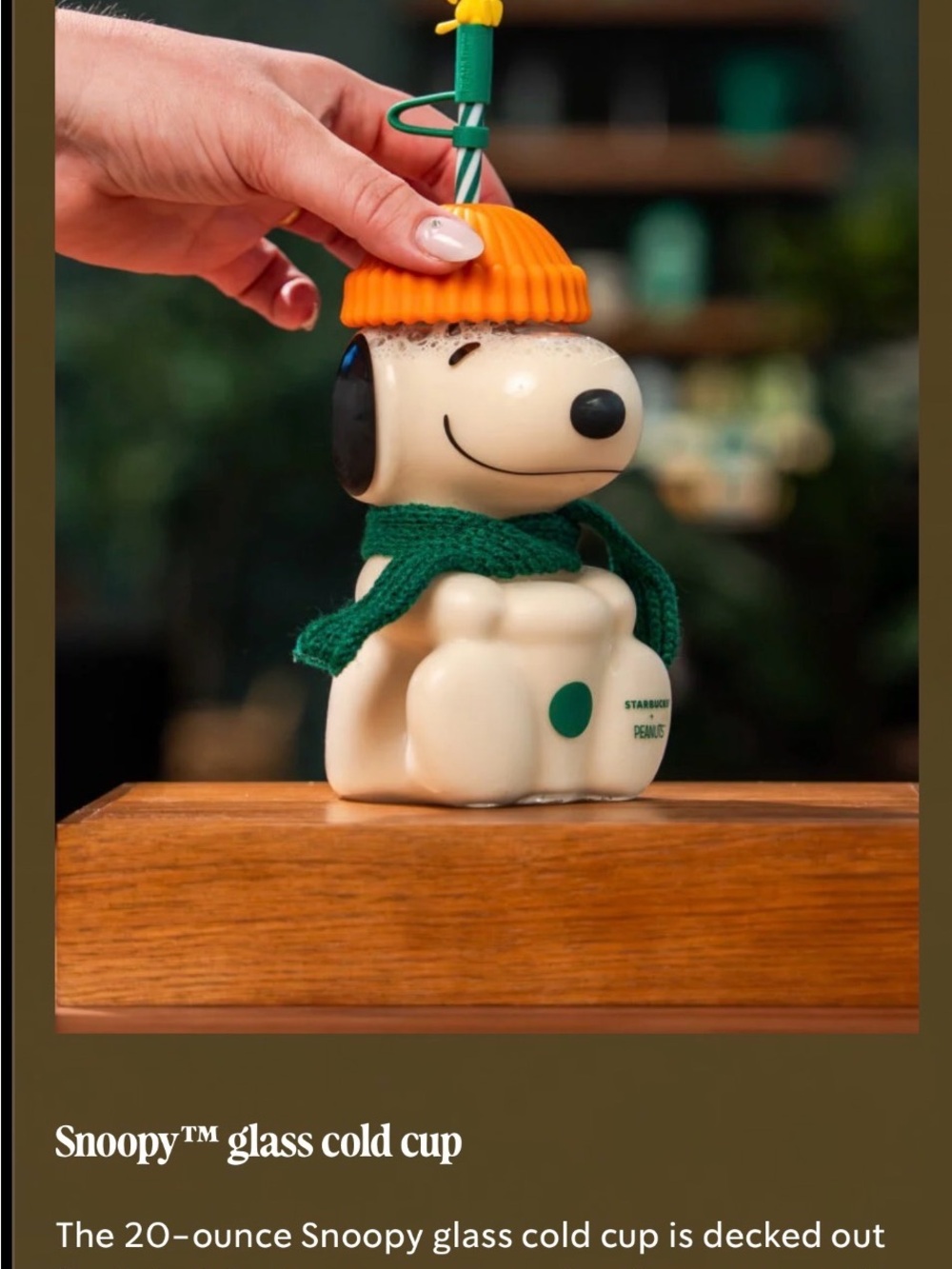 Starbucks Snoopy Glass Cup in Cream with Orange Beanie and Green Scarf